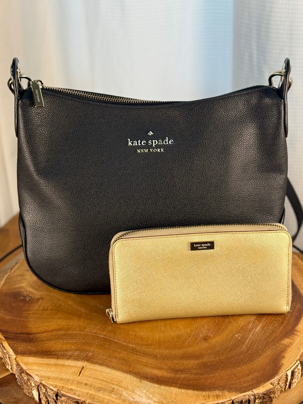 Like New Kate Spade Rosie Black Pebbled Leather Crossbody + Gold Saffiano Wallet